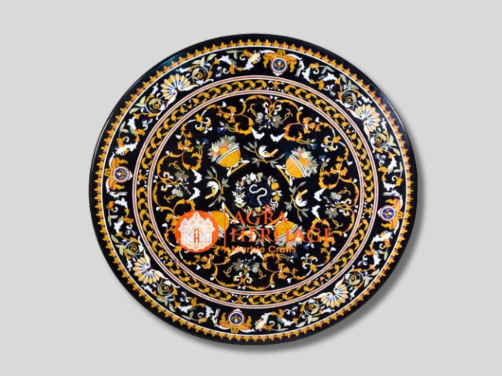 Black Marble Inlay Dining Table Top Pietra Dura Inlay Italian Design